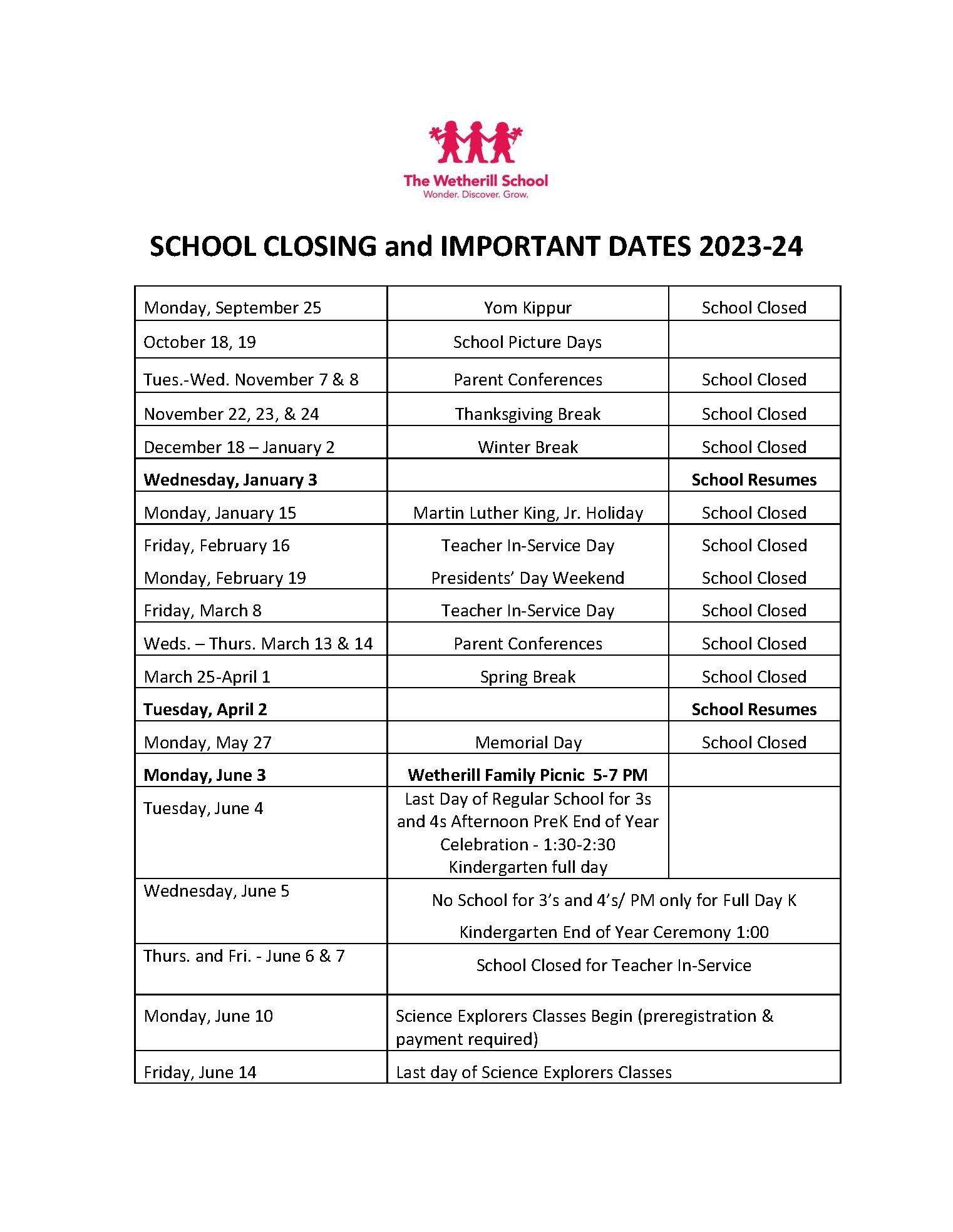 2023-24 SCHOOL CLOSING and IMPORTANT DATES